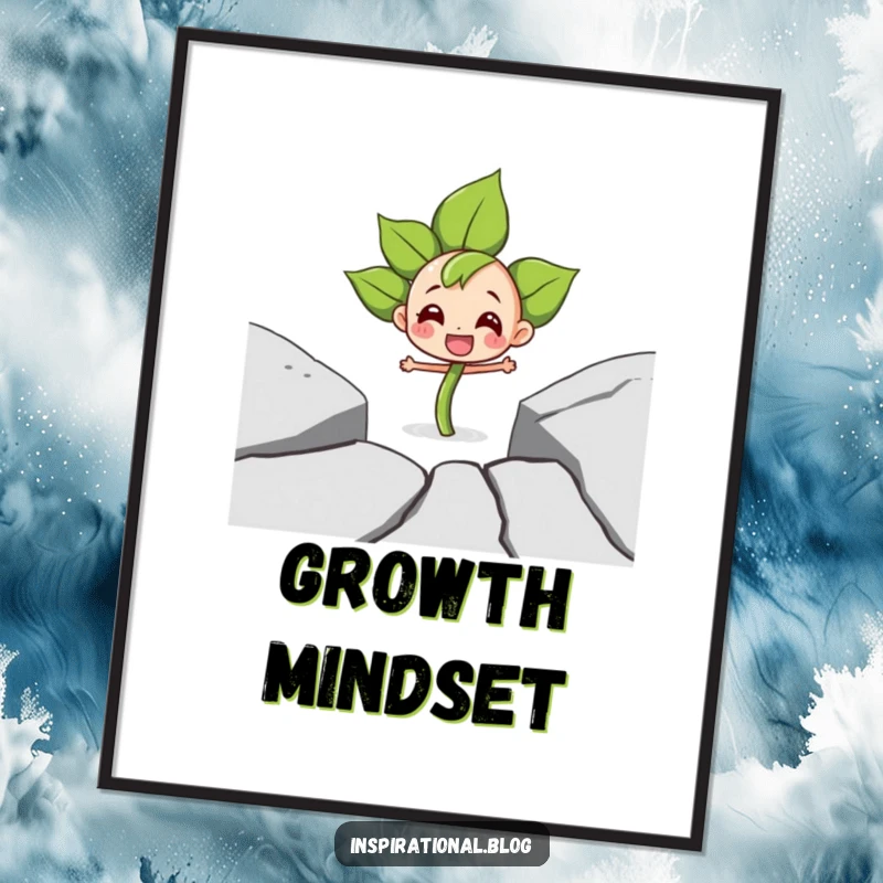 Funny poster illustrating a determined sprout character joyfully breaking through a large crack in pavement, signifying new beginnings.