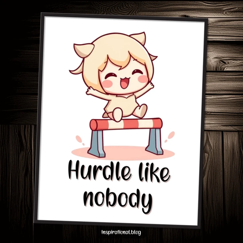 Funny poster print of a kawaii character joyfully leaping over a small barrier, bringing energetic vibes and humor to any space.