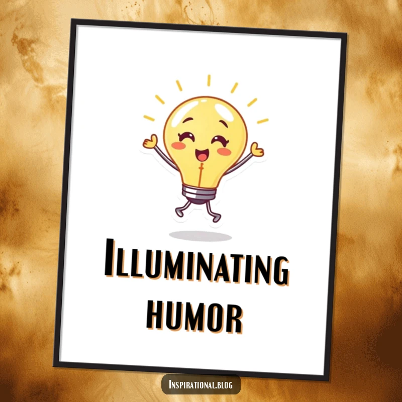 Funny poster depicting a dancing lightbulb character with a warm glow and energetic movement, symbolizing creativity and inspiration.