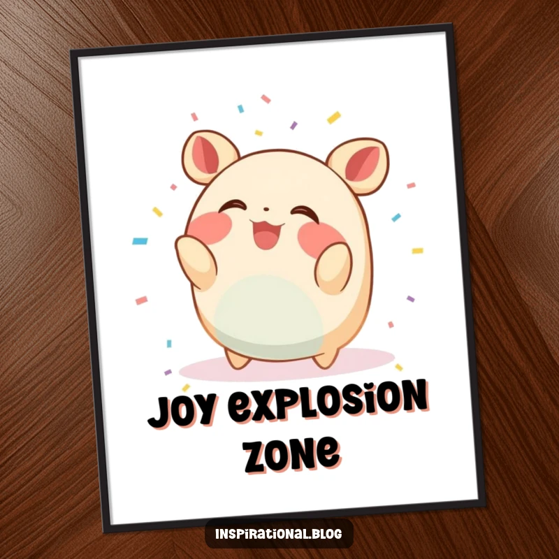 Funny Poster: A small, round creature is joyfully throwing confetti and giggling, creating a vibrant scene of pure delight.
