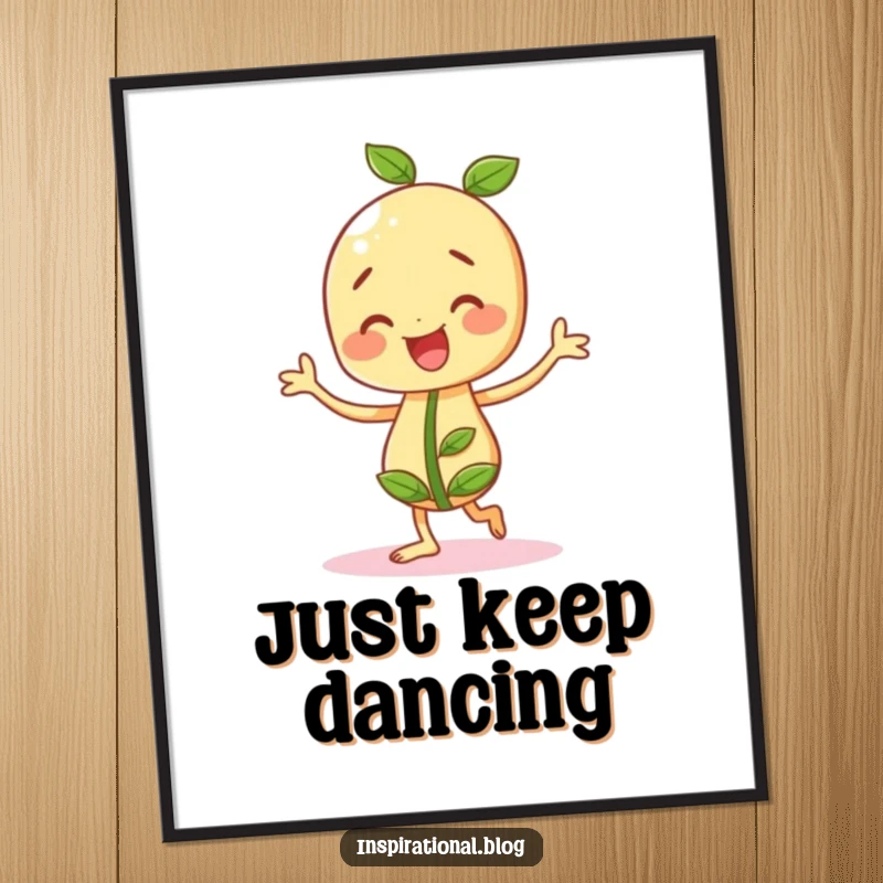 Funny seedling character in the middle of a cheerful jig, full of life and movement, as a wall poster.