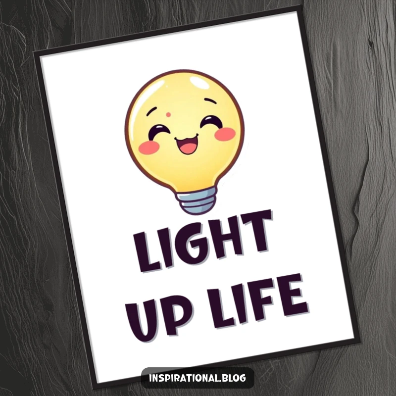Funny poster art of a joyful lightbulb character shining brightly, symbolizing inspiration and bright ideas for walls.