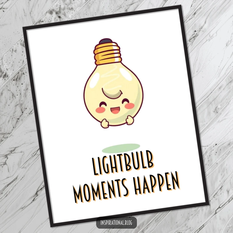 Funny poster art of a character peeking from behind a large, floating, smiling lightbulb. Inspiring and witty decor.