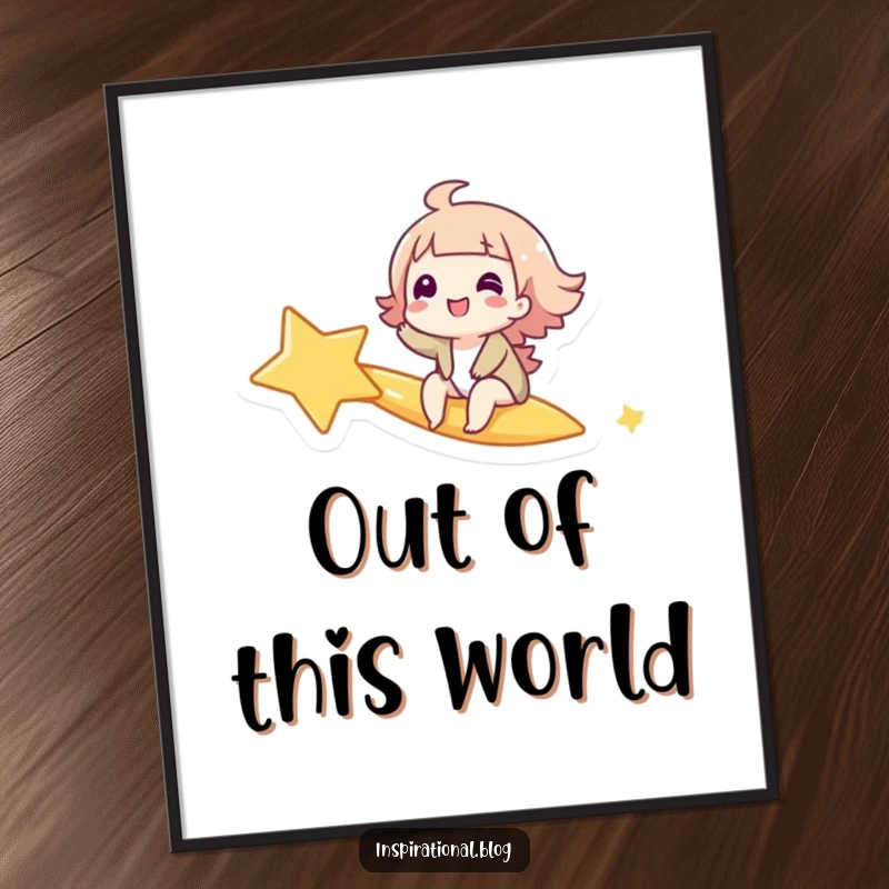 Funny poster print of a giggling character riding a shooting star, conveying a sense of wonder and pure, unadulterated joy.