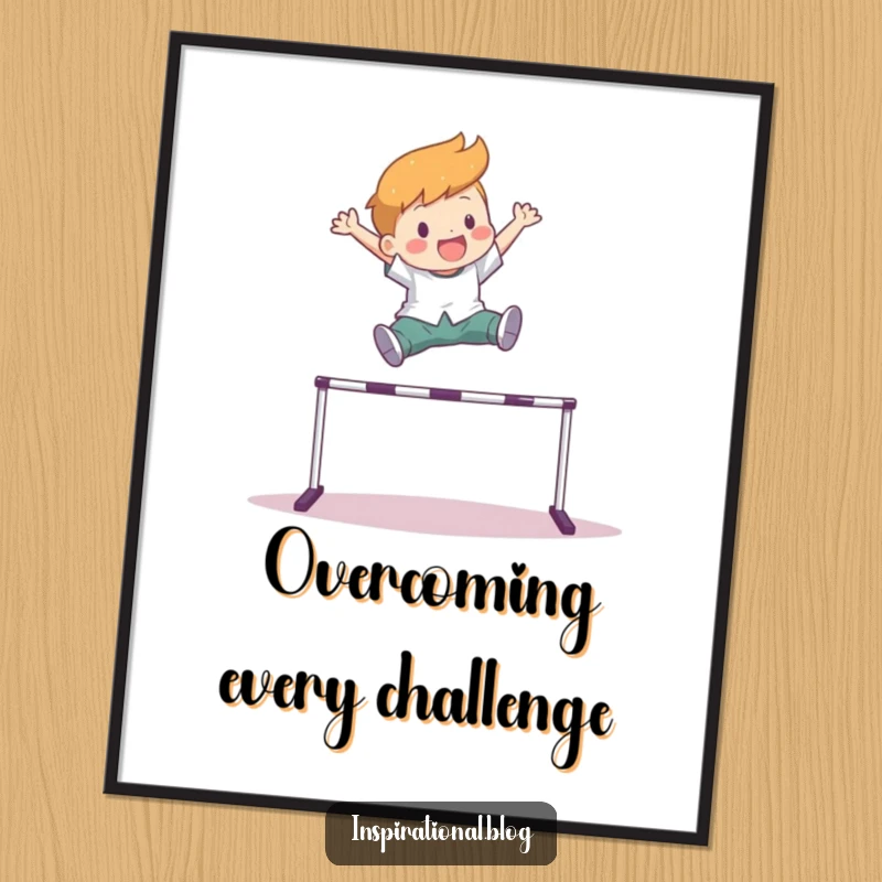 Funny poster showcasing a character in a triumphant leap over a hurdle, embodying achievement, freedom, and sheer happiness.