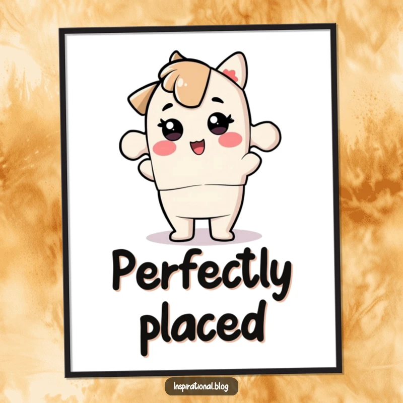 Funny jigsaw puzzle piece character snapping into its perfect position on a poster, showing completion.