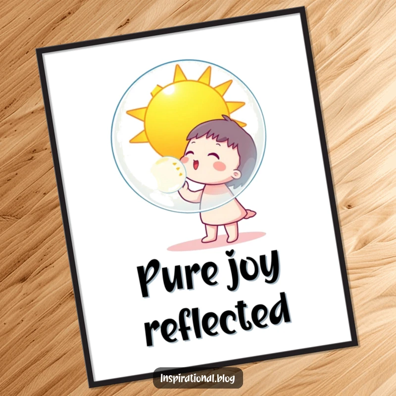 Funny character blowing a giant bubble reflecting a smiling sun, depicted as cheerful wall art on a poster.