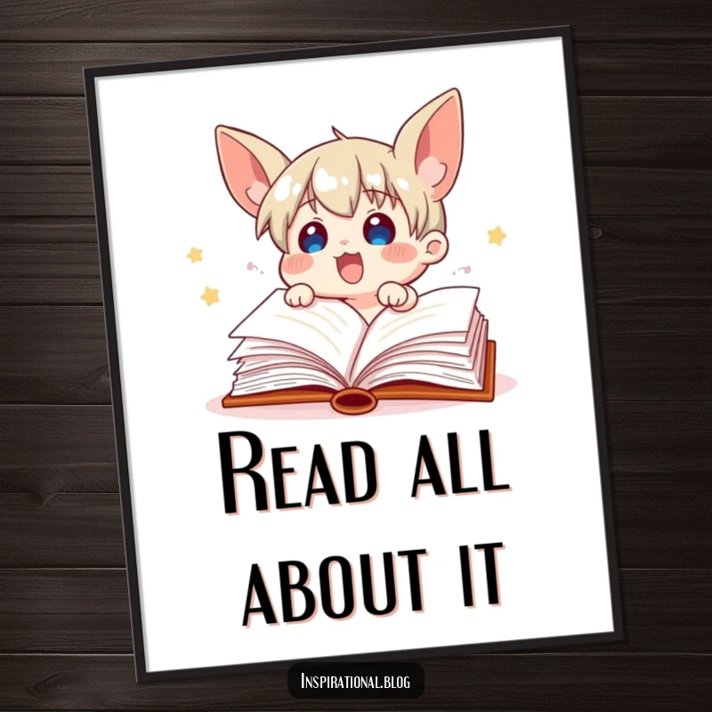 Funny book character illustration, pages fluttering dynamically, symbolizing the excitement of reading, presented as a wall poster.