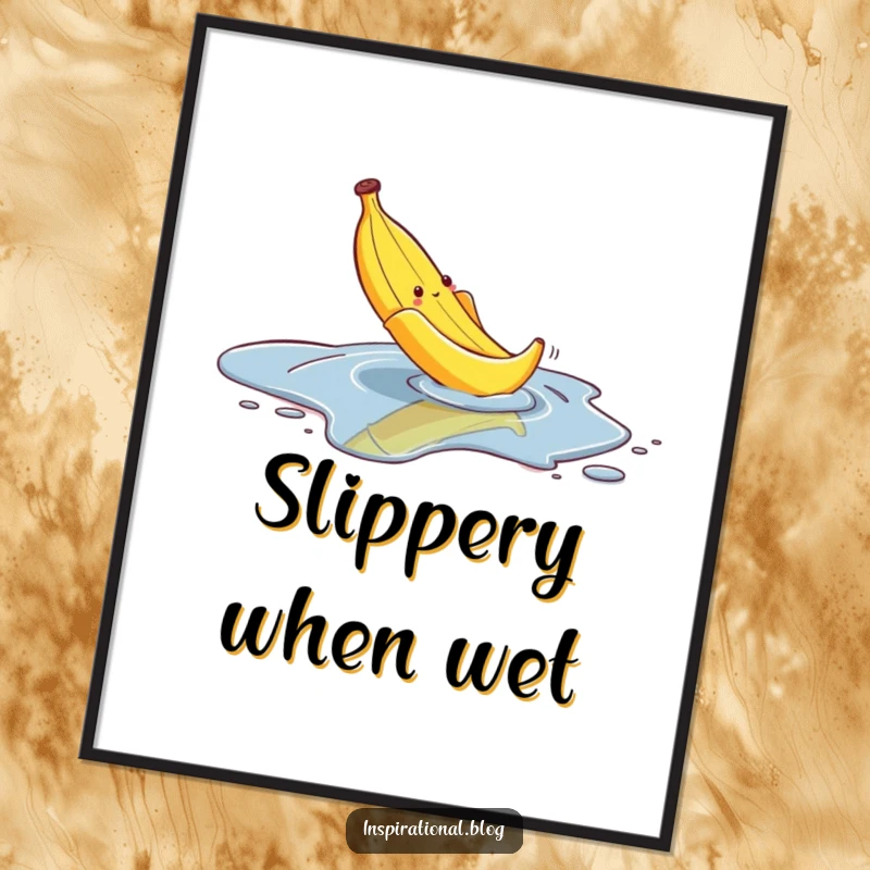 Funny poster capturing a banana peel comically slipping on a puddle, ideal for adding visual humor and a touch of slapstick art.