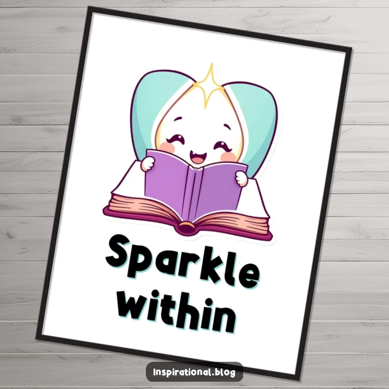 Funny smiling book character opening to reveal a sparkling light on a poster, symbolizing knowledge.