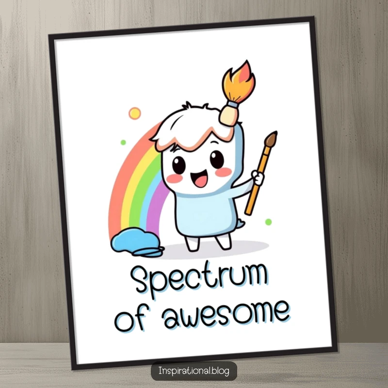 Funny Poster featuring a playful paintbrush character joyfully painting a magnificent rainbow, symbolizing inspiration and artistic creation.
