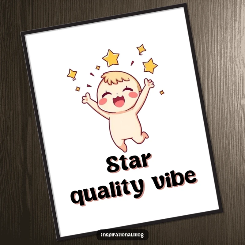 Funny Poster: A tiny character leaps with explosive joy, stars bursting dynamically around its head, conveying intense elation and celebration.