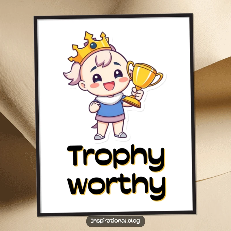 Funny poster art of a proud character beaming while holding a trophy, celebrating victory and achievement in a humorous style.
