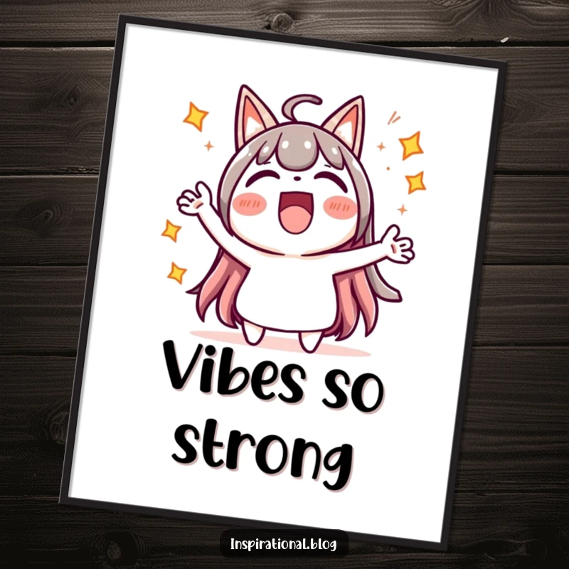 Funny poster of a kawaii character cheering loudly, surrounded by dynamic starbursts, adding vibrant energy to decor.
