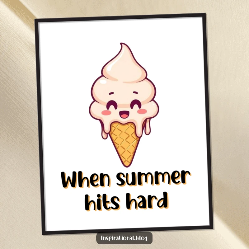 Funny Poster: Art print showcasing a melting ice cream cone with a surprised face, dripping humorously.