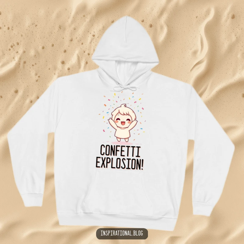 Funny hoodie depicting a kawaii character joyfully throwing a confetti bomb, creating a shower of colorful celebration.