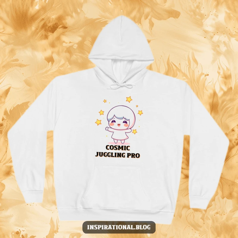 Funny hoodie featuring a beaming character in mid-air, juggling glowing stars, perfect for cozying up with a smile.