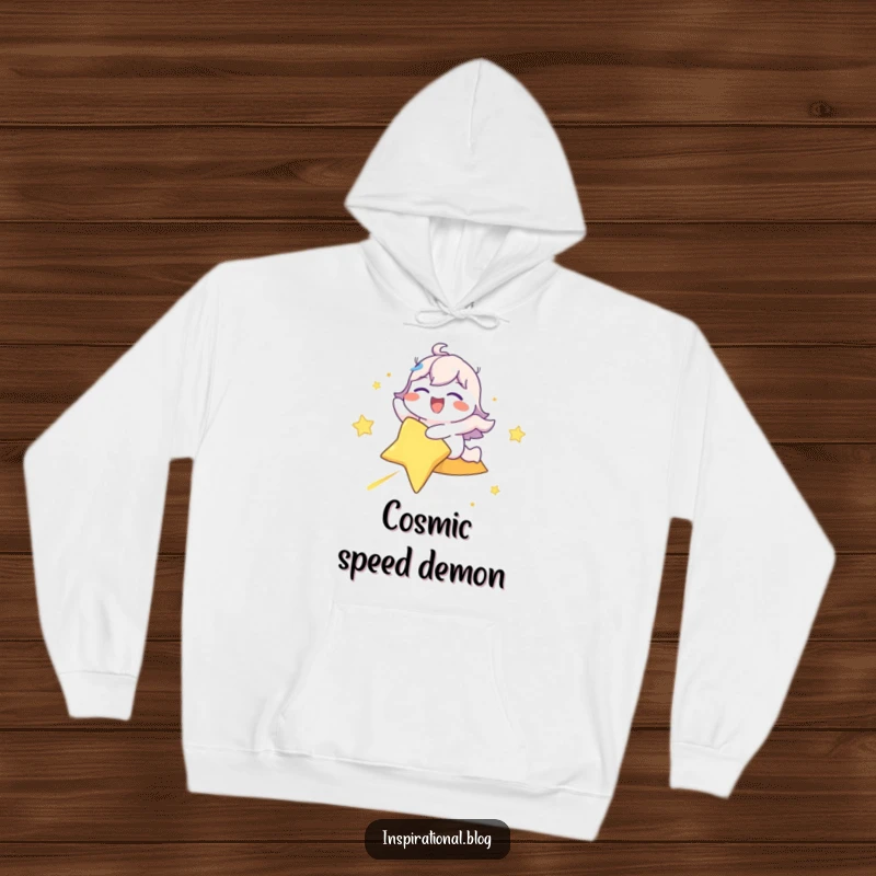Funny hoodie showing a character eyes closed in delight, riding a vibrant shooting star, offering cozy, adventurous humor.
