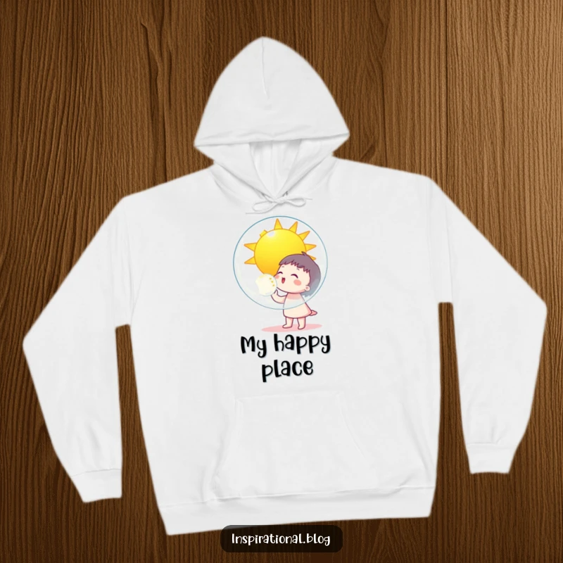 Funny character blowing a giant bubble reflecting a smiling sun, depicted on a cozy hoodie for warmth and cheer.