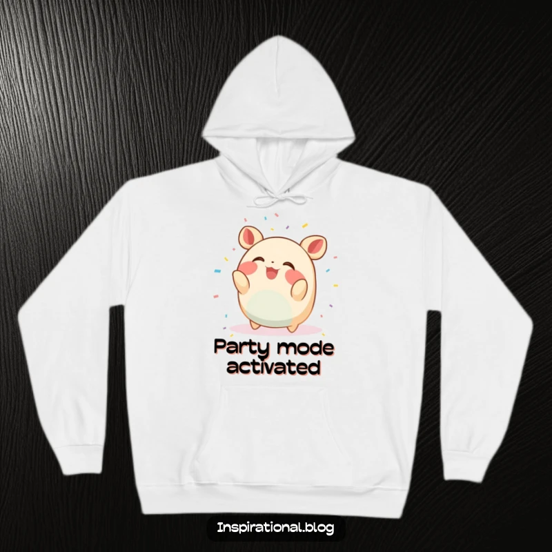 Funny Hoodie: A small, round creature is joyfully throwing confetti and giggling, a perfect symbol of happiness and warmth.