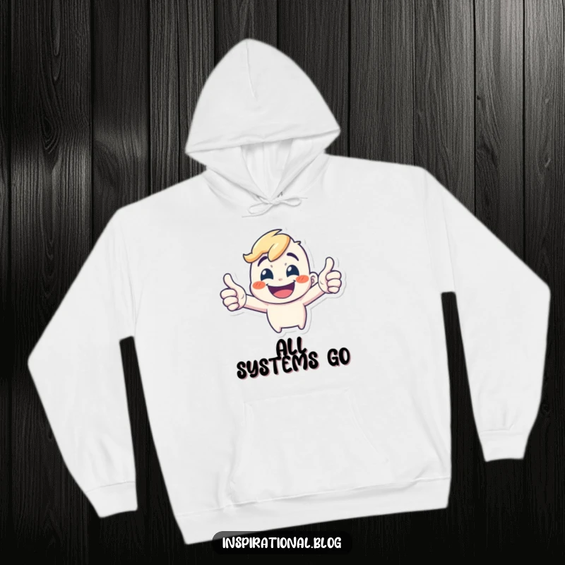 Funny Hoodie: A tiny, energetic character gives a wide grin and a double thumbs-up, perfect for cheerful comfort.