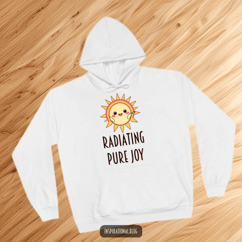 Funny hoodie featuring a kawaii character adorning a smiling sun with a vibrant rainbow smile, exuding joy.