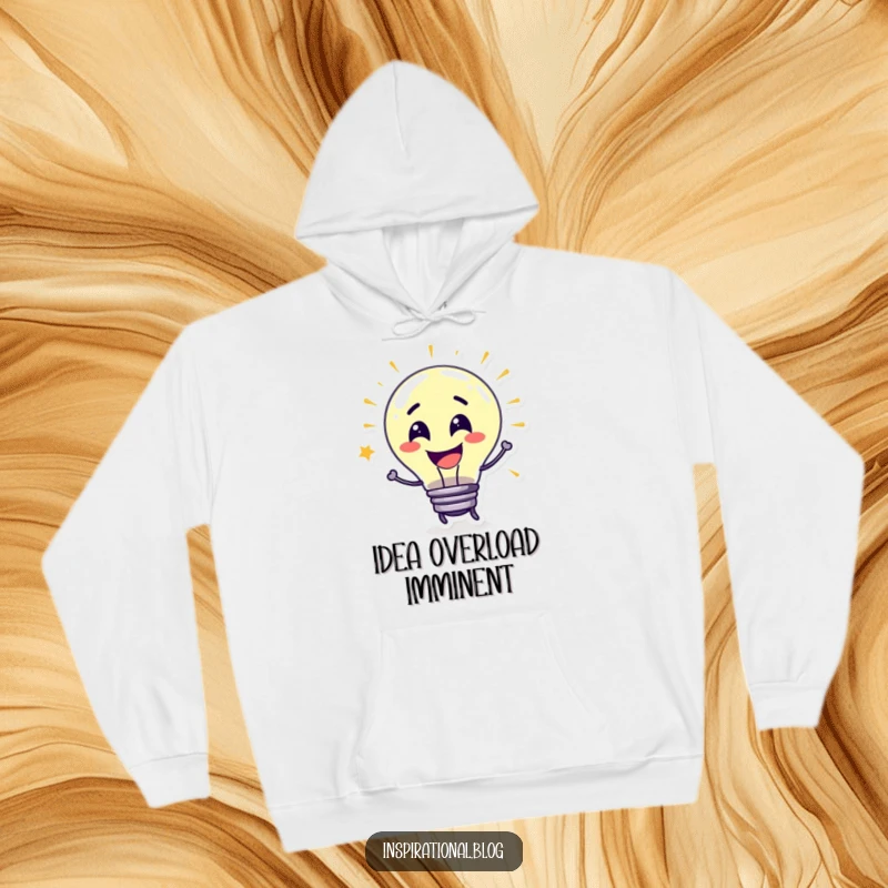 Funny Hoodie featuring a grinning lightbulb character bursting with ideas, offering warmth and intellectual charm.