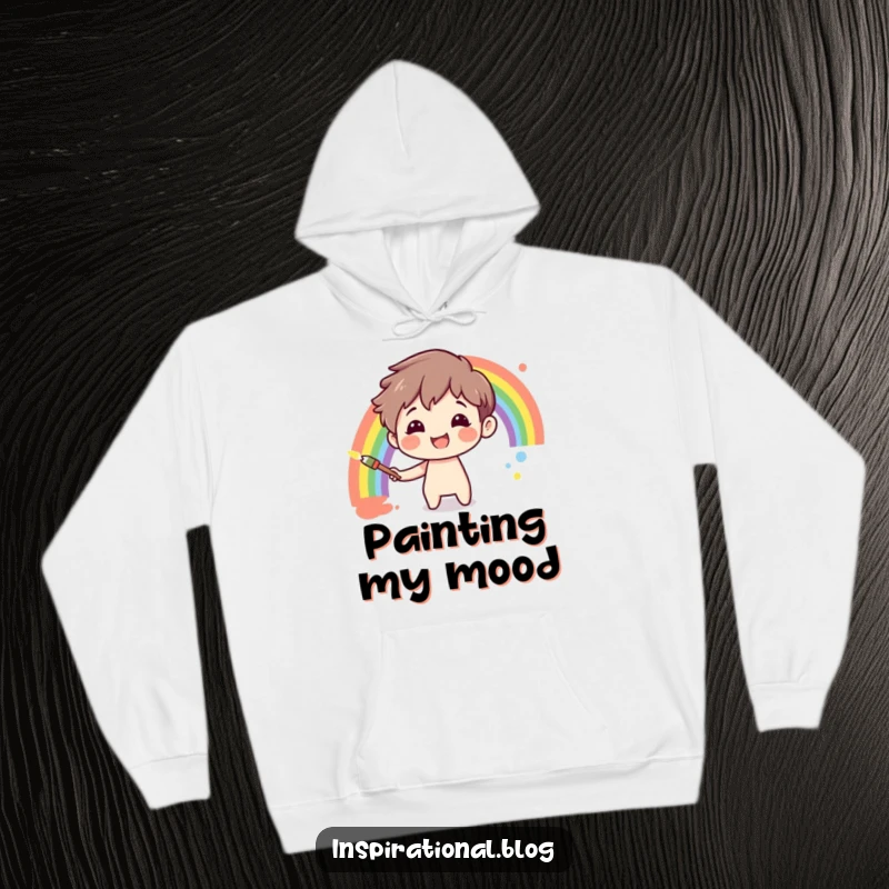 Funny smiling character painting a rainbow on a canvas, depicted on a soft hoodie, blending art and comfort.