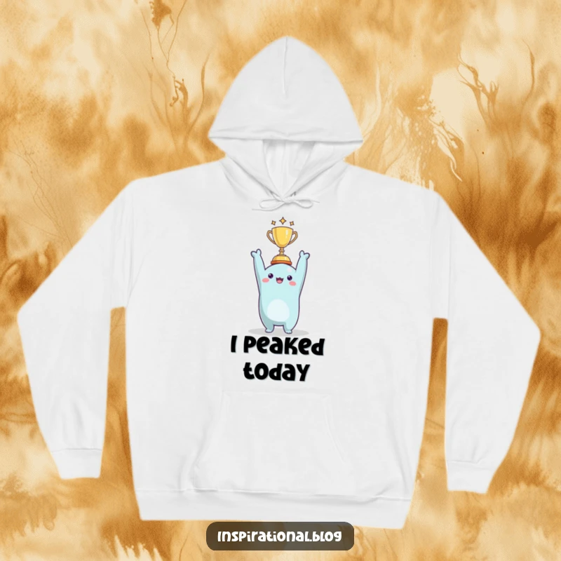 Funny character holding a tiny trophy, featured on a cozy hoodie for celebrating achievements with warmth and humor.