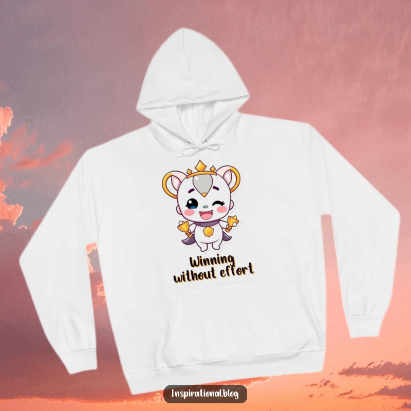 Funny Trophy Character beaming with pride on a warm hoodie, offering comfort and a golden glow of accomplishment.