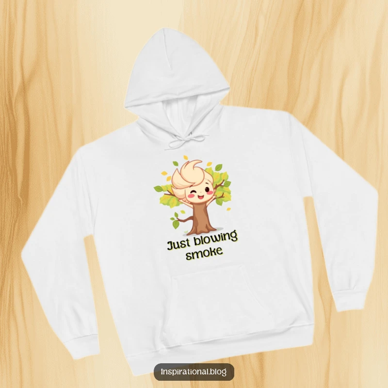 Funny hoodie with a whimsical wind gust character scattering leaves near a happy, smiling tree, perfect for autumn.