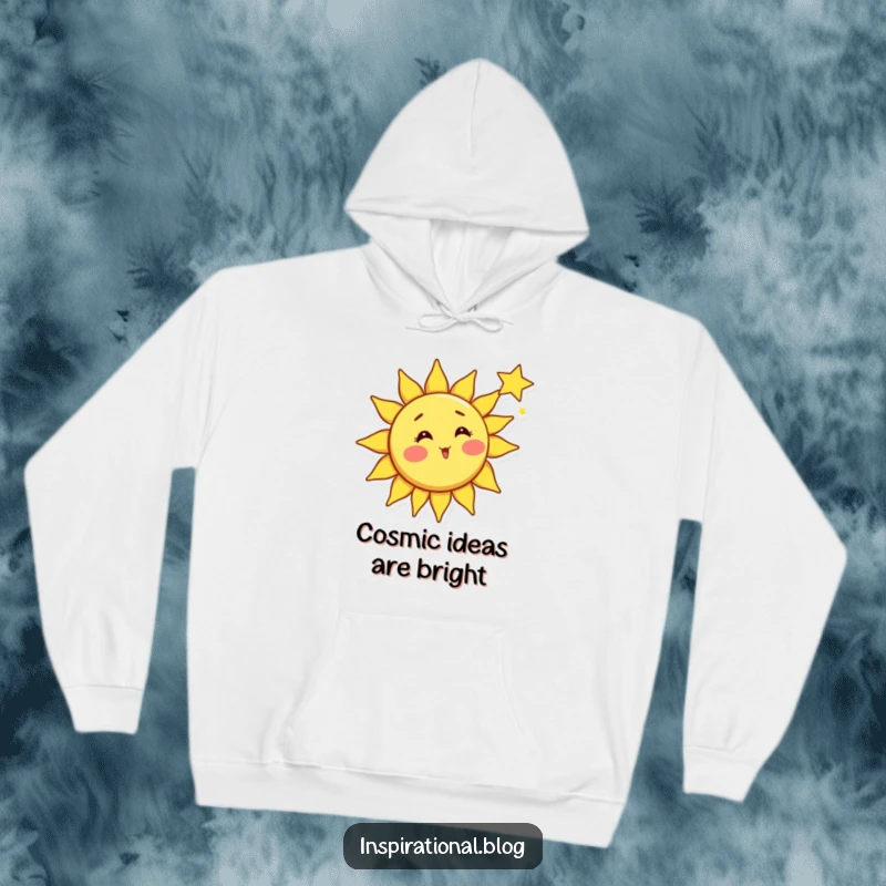 Funny sun hoodie, bright sun character with rosy cheeks surprised by a shooting star, warm celestial art, cozy wear.