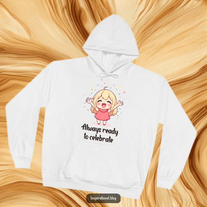 Funny hoodie with a character enthusiastically cheering as confetti falls, embodying a spirit of joyous celebration and festivity.