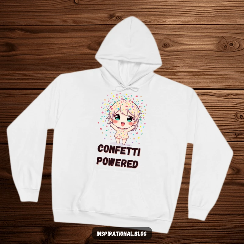 Funny hoodie showcasing a character in a dynamic confetti burst, ideal for cozy celebrations and fun.