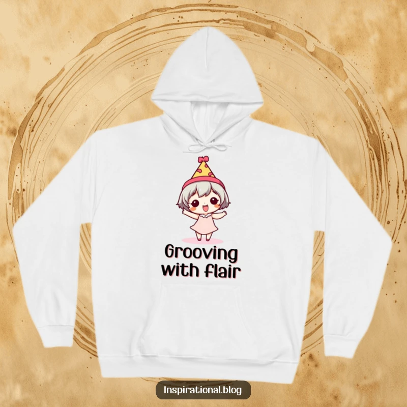 Funny hoodie with a tiny character doing a silly dance in a festive hat, radiating fun.