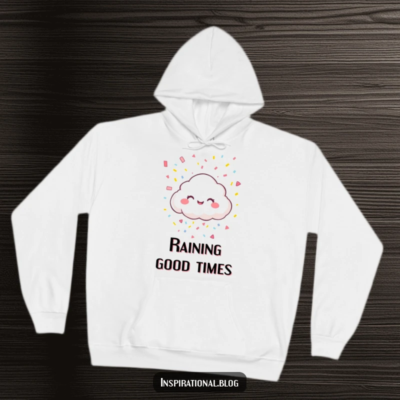 Funny hoodie featuring a giggling cloud character raining colorful confetti, offering cozy comfort and a festive, joyful vibe.