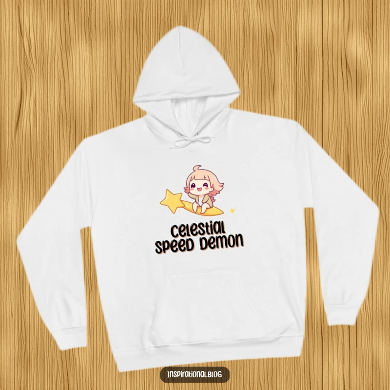 Funny hoodie showing a giggling character joyfully riding a shooting star, radiating wonder and pure amusement.