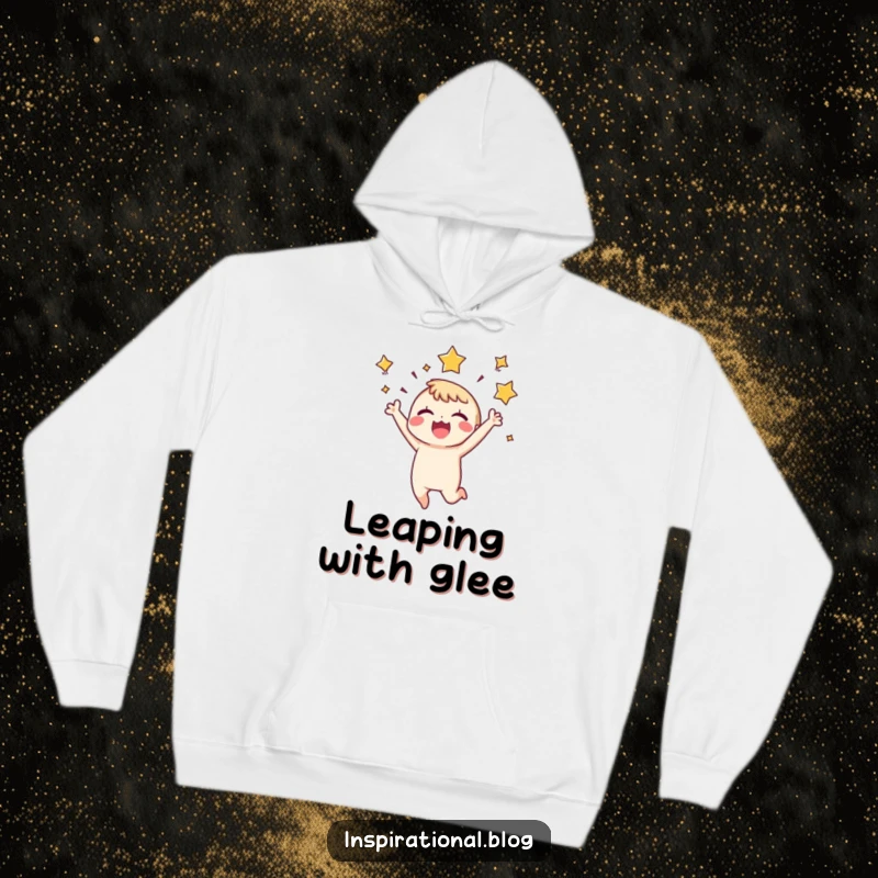 Funny Hoodie: A tiny character joyfully leaps with stars bursting around its head, showcasing unbridled excitement and vibrant energy.
