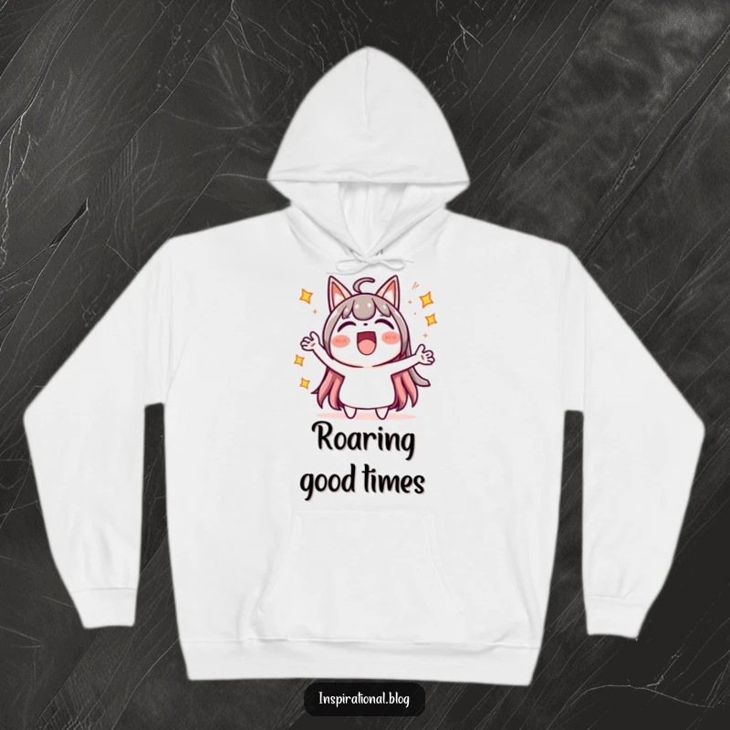 Funny hoodie featuring a jubilant kawaii character cheering loudly, adorned with twinkling starbursts, for cozy excitement.