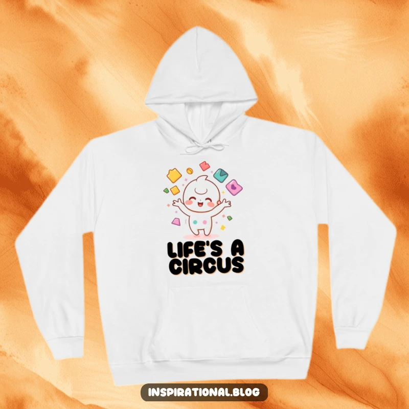 Funny hoodie featuring a joyful kawaii character juggling colorful shapes, perfect for cozy moments of fun.