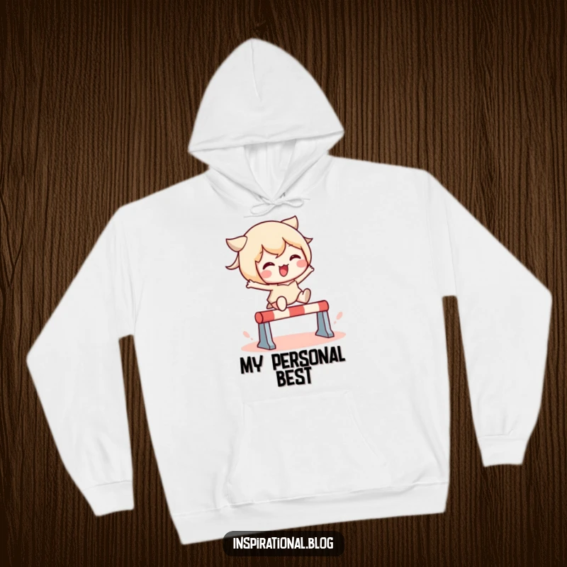 Funny hoodie displaying a cute kawaii character mid-leap over a hurdle, symbolizing overcoming challenges with a happy, energetic spirit.