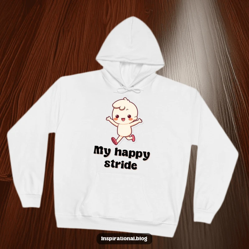 Funny hoodie featuring a joyful kawaii character skipping with a bouncy step, perfect for cozy, happy vibes.