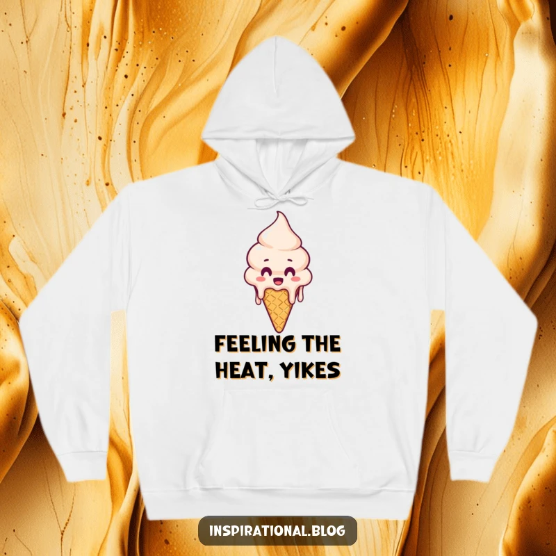 Funny Hoodie: Comfortable sweatshirt depicting a surprised ice cream cone in a melting state, bringing warmth and laughs.