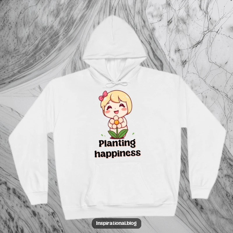 Funny hoodie featuring a happy character planting a smiling flower, perfect for cozy days and garden inspiration.