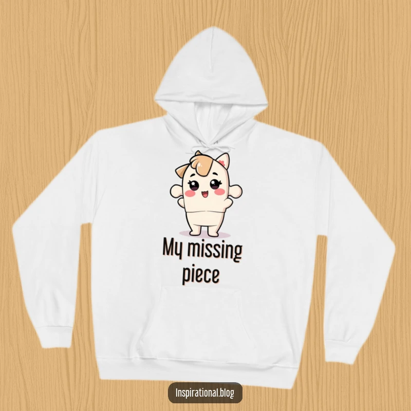Funny jigsaw puzzle piece character snapping into place on a hoodie, offering warmth and belonging.