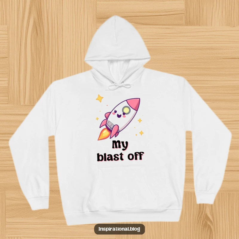 Funny happy rocket ship character blasting off with motion on a hoodie, offering warmth and adventure.