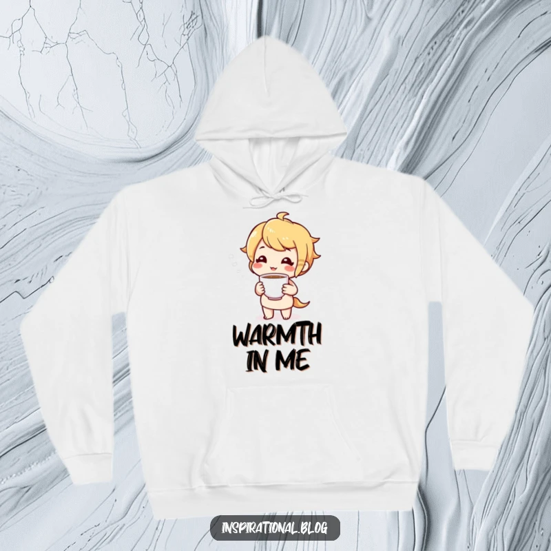 Funny hoodie with a cheerful character offering a cup of tea, providing cozy warmth and friendly vibes.