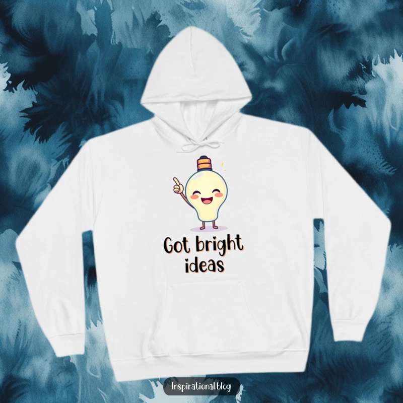 Funny Lightbulb Hoodie showcasing a smiling, beaming lightbulb pointing its glow excitedly upwards, perfect for cozy inspiration.