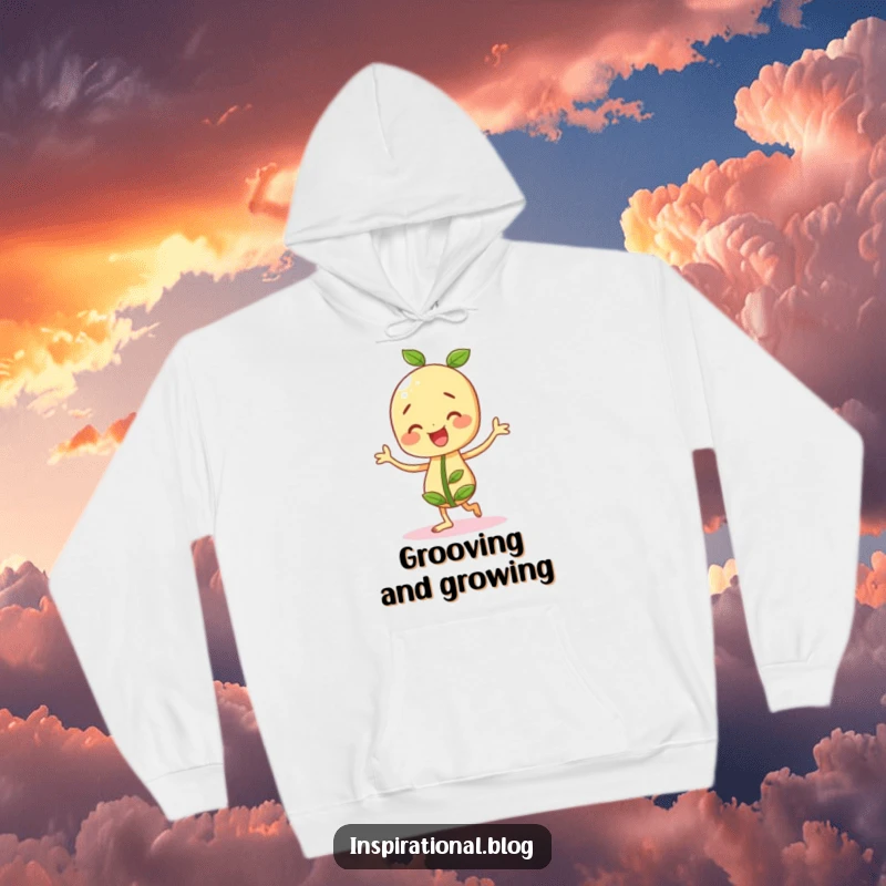 Funny, cheerful seedling character caught mid-jig, radiating pure joy and energy, featured on a cozy hoodie.