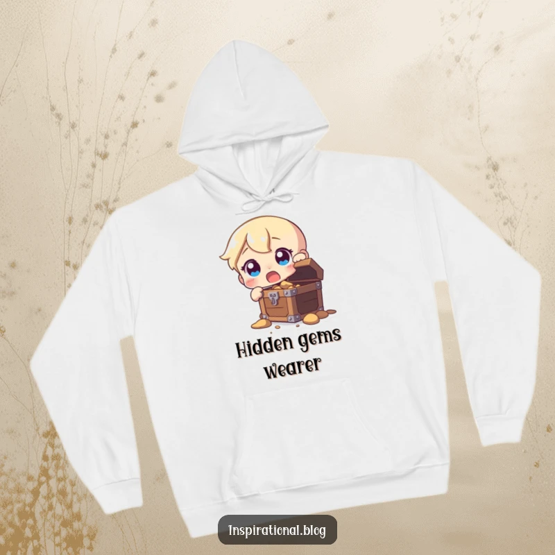 Funny hoodie with a wide-eyed character astonished by a discovered treasure chest, offering cozy comfort and humor.